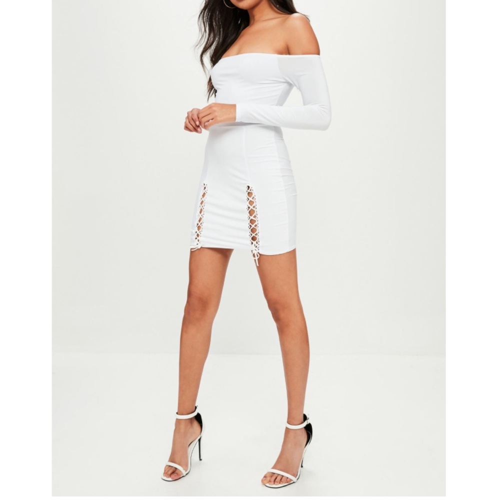 White Bardot Lace Up Mini Dress